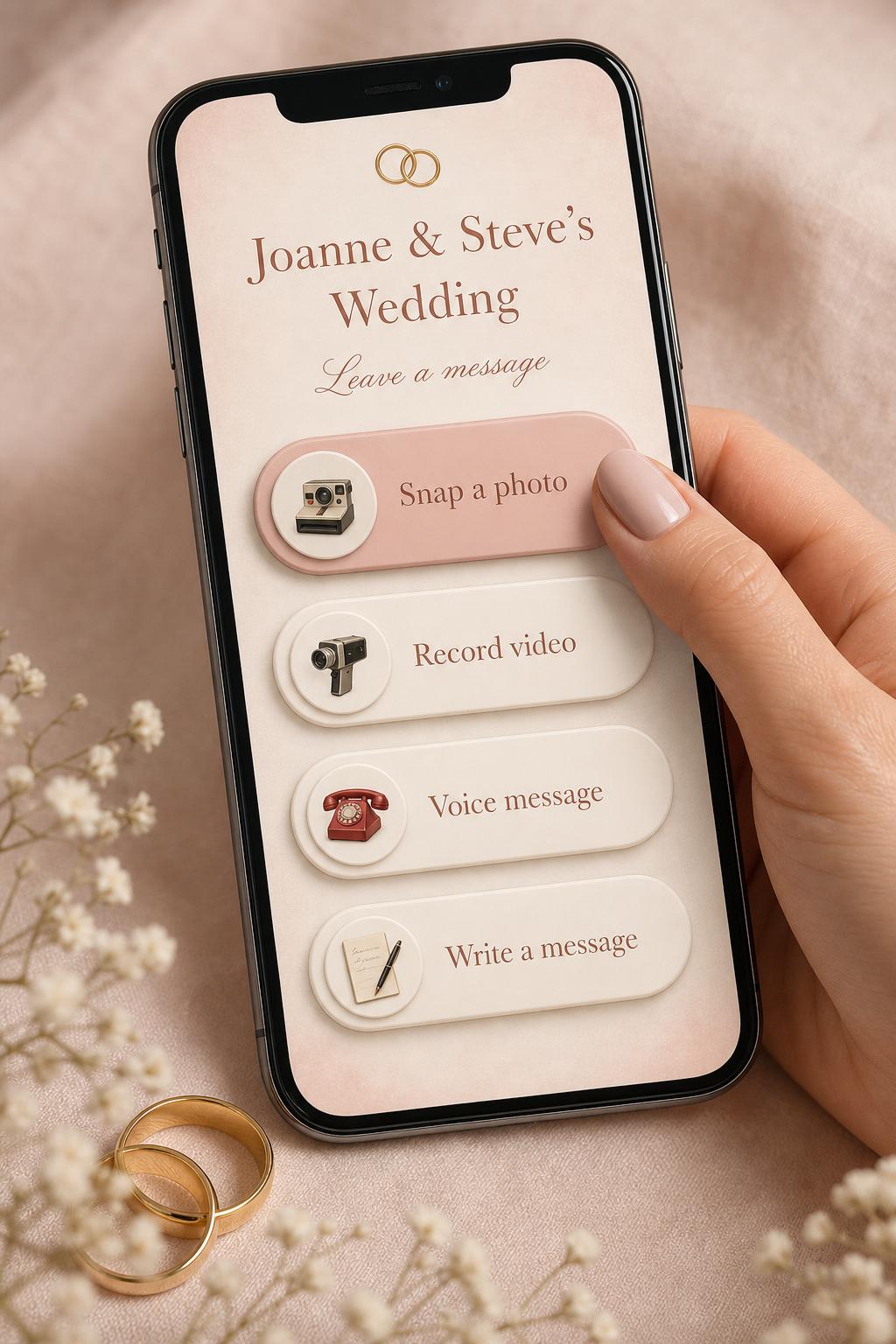 A phone showing the guestbook with large friendly buttons