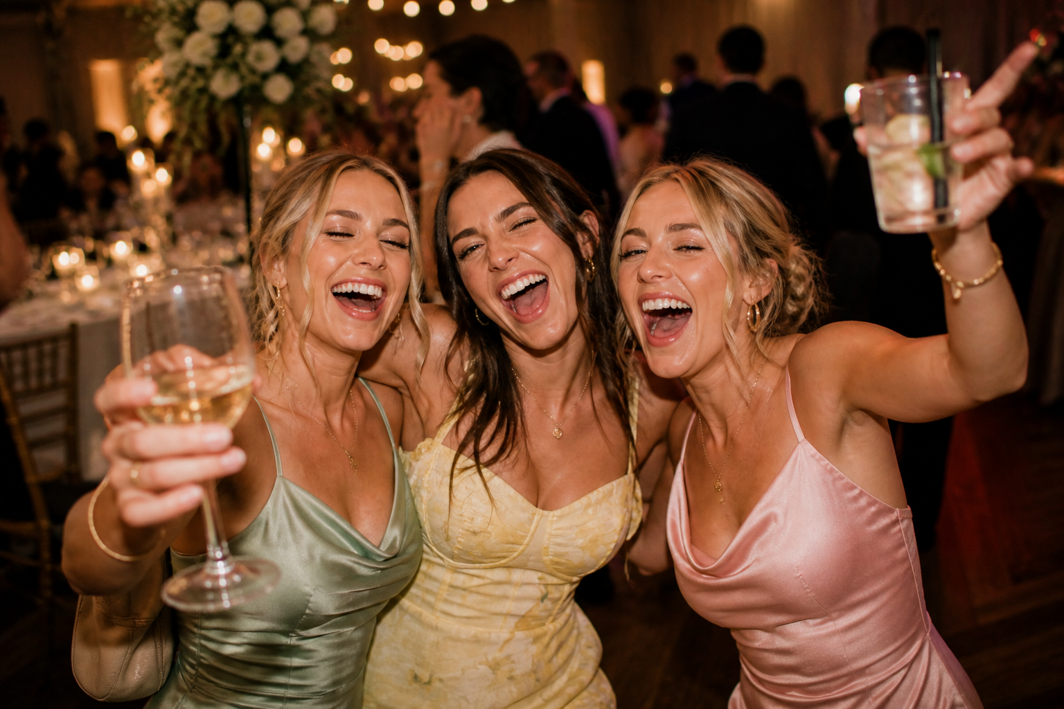 Wedding guests laughing and taking a selfie at a candlelit table with a QR sign, champagne and white roses